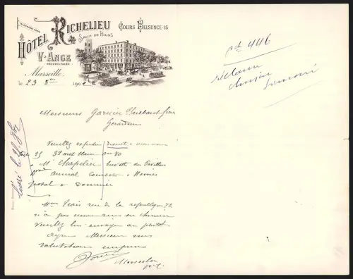 Briefkopf Marseille 1902, Hotel Richelieu, Salle de Bains, V. Ange Proproetaire, Cours Belsunce 15
