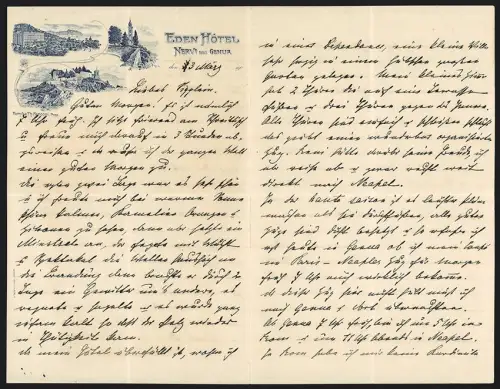 Briefkopf Nervi bei Genua, Eden Hotel, Familie Th. Franconi Prop., Ansicht des Hotels und der Küste