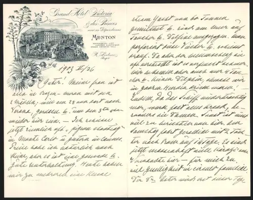 Briefkopf Menton 1903, Grand Hotel Victoria & des Princes, R. Leubner Propr., Ansicht des Hotels und der Dependance