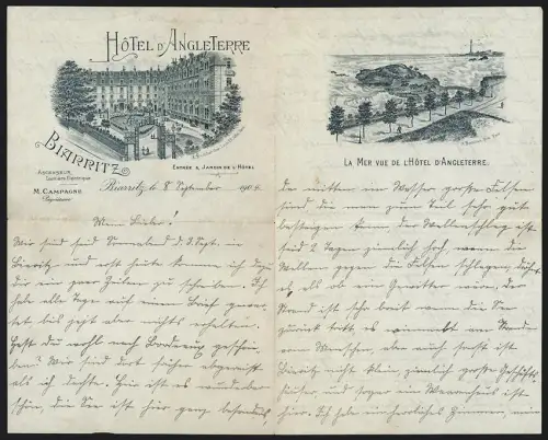 Briefkopf Biarritz 1904, Hotel d`Angleterre, M. Campagne Proprietaire, Ansicht des Hotels