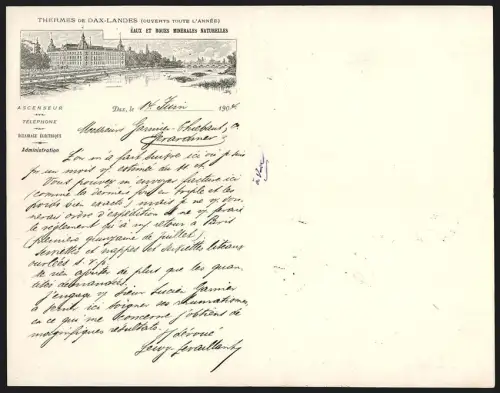 Briefkopf Dax 1904, Thermes de Dax-Landes, Eaux et Boues Minérals Naturelles, Blick auf das Bad