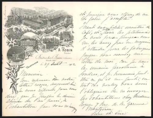 Briefkopf Brides-les-Bains /Savoie 1902, Grand Hotel des Thermes, A. Robin Directeur, Ansicht des Grand Hotels
