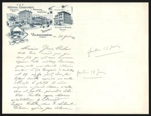 Briefkopf Alboussière /Ardèche 1919, Hotel Cheynet, Pension pour Familles, Fauritte Succr., Ansicht von Hotel und Garage