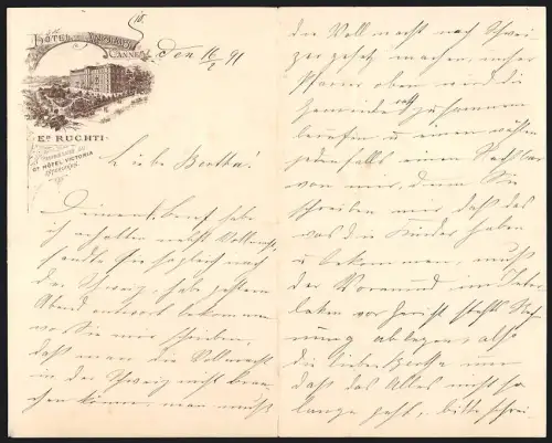 Briefkopf Cannes 1891, Hotel des Anglais, Ed. Ruchti Proprietaire, Ansicht des Hotels
