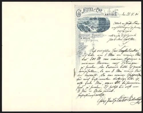 Briefkopf Cap Antibes /Alpes-Maritimes 1901, Grand Hotel du Cap Antibes, A. Sella Propre., Blick auf das Hotel
