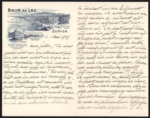 Briefkopf Zürich 1907, Hotel Baur au Lac, Prop. C. Kracht, Blick auf das Hotel am Seeufer