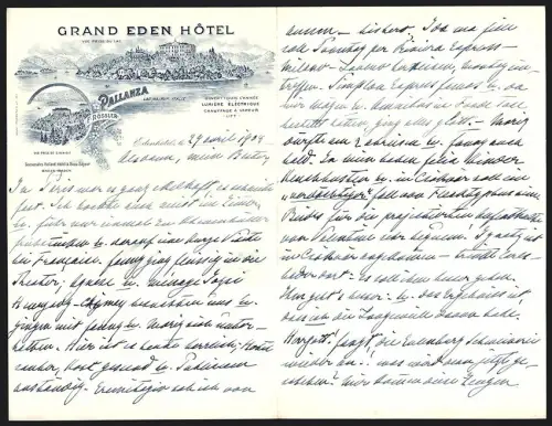 Briefkopf Pallanza 1904, Grand Eden Hotel, F. Rössler Prop., Anblick des Hotels am Seeufer
