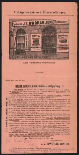 Rechnung Wien 1930, Möbeltransport J. Z. Dworak Junior, Burggasse Nr. 52-54, Geschäft