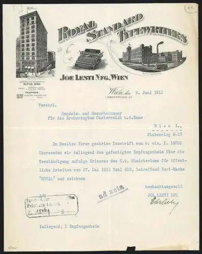 Rechnung Wien 1911, Joe Lesti Nfg., Royal Standard Typewriters, Biberstrasse 22