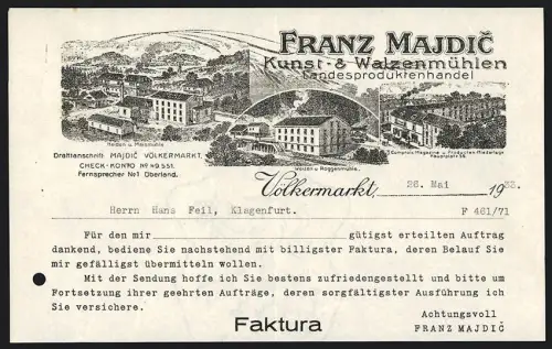 Rechnung Völkermarkt 1933, Franz Majdic, Kunst- & Walzenmühlen, Heiden- und Maismühle, Weizen- und Roggenmühle
