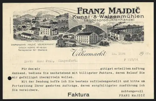Rechnung Völkermarkt 1933, Franz Majdic, Kunst- und Walzenmühlen, Weizen- und Roggenmühle, Heiden- und Maismühle
