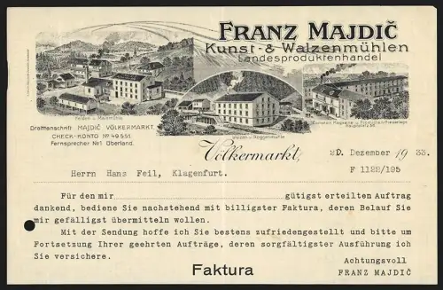 Rechnung Völkermarkt 1933, Franz Majdic, Kunst- und Walzenmühlen, Weizen- und Roggenmühle, Maismühle