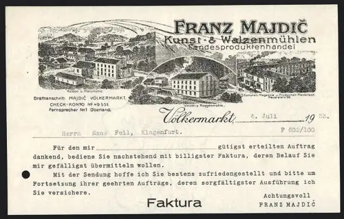 Rechnung Völkermarkt 1933, Franz Majdic, Kunst- und Walzenmühlen, Weizen- und Roggenmühle, Comptoir
