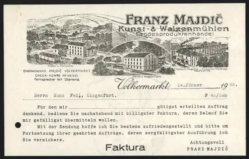 Rechnung Völkermarkt 1933, Franz Majdic, Kunst- und Walzenmühlen, Comptoir, Heiden- und Maismühle