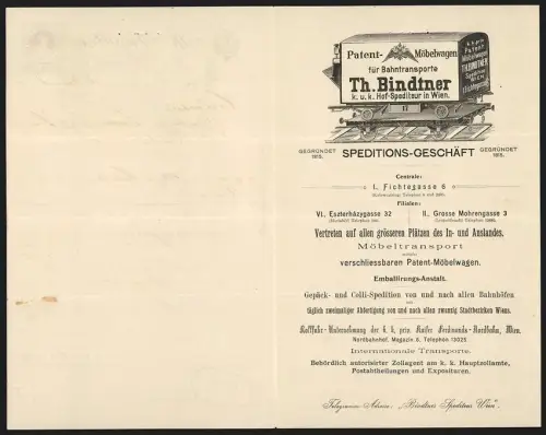 Rechnung Wien 1900, Th. Bindtner, Patent-Möbelwagen für Bahntransporte, Fichtegasse 6