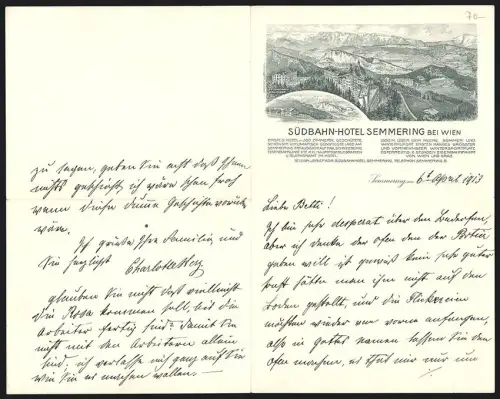Rechnung Semmering bei Wien 1913, Südbahn-Hotel, Panorama mit Dependance Waldhof
