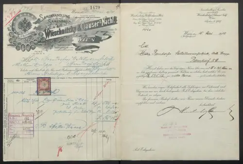 Rechnung Wien 1914, Wieschnitzky & Clauser`s Nachfolger, Samenhandlung und Samenbau, Wallfischgasse 8