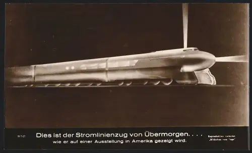 Fotografie der Stromlinienzug von Übermorgen, gezeigt auf einer Ausstellung in Amerika