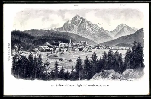 Künstler-AK F.A.C.M. Reisch: Igls b. Innsbruck, Totalansicht des Ortes mit Kirche und Bergpanorama