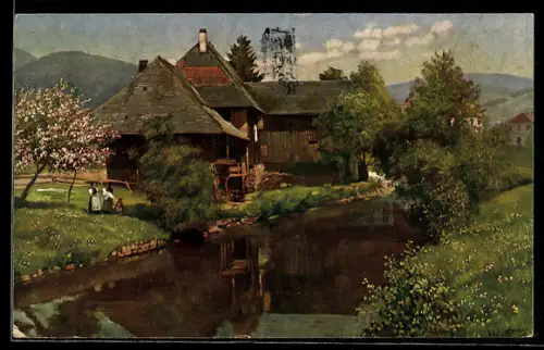 Künstler-AK H. Hoffmann: Altes Haus an der Wiese (Schönau im Schwarzwald)