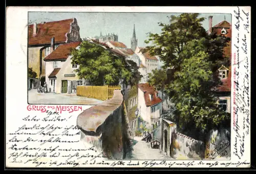 Künstler-AK Meissen / Elbe, Blick auf die Altstadt
