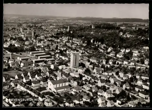 AK Ravensburg /Württ.-Süd, Ortsansicht mit Hochhaus, Fliegeraufnahme