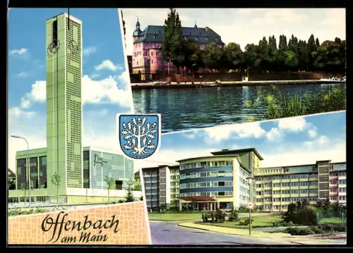 AK Offenbach, Markuskirche, Mainansicht mit Schloss, Ketteler-Krankenhaus
