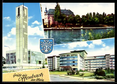 AK Offenbach, Markuskirche, Mainansicht mit Schloss, Ketteler-Krankenhaus