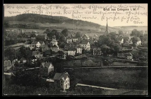 AK Evingsen i. W., Ortsansicht mit Kirche und umliegender Landschaft