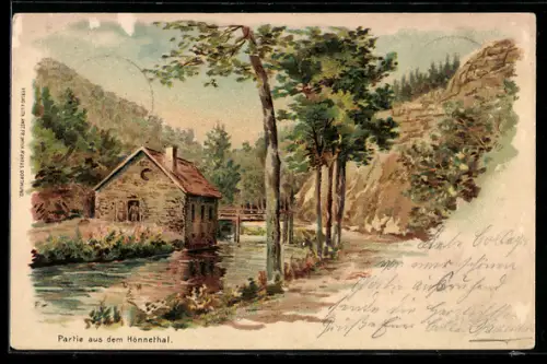 Lithographie Hönnethal, Partie am Fluss mit Haus und Brücke