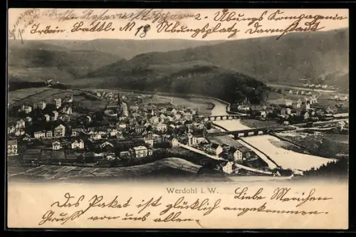 AK Werdohl i. W., Panoramaansicht der Stadt und Fluss mit Brücken