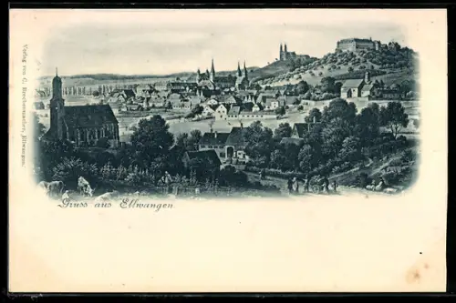 AK Ellwangen, Ortsansicht mit Kirche und Schloss