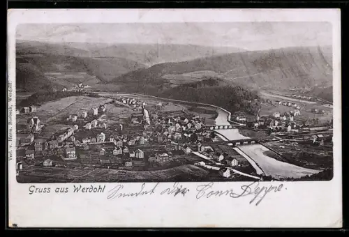 AK Werdohl, Gesamtansicht aus der Vogelschau, mit Fluss und Brücken