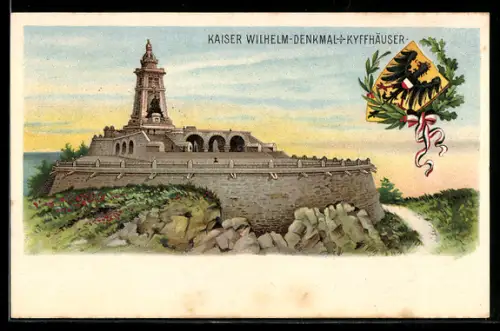 Lithographie Kyffhäuser, Kaiser Wilhelm-Denkmal, Wappen mit Ehrenkranz