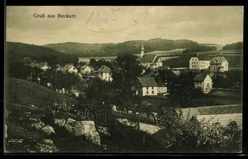 AK Beckum, Ortsansicht mit Kirche aus der Vogelschau