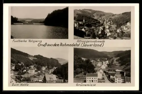 AK Altroggenrahmede /Sauerland, Rahmedetal: Totalansicht, Fuelbecke Talsperre, Zum Hohle, Grünewiese