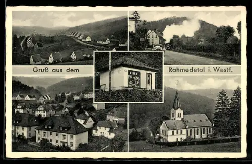 AK Rahmedetal, Bahnhof mit einfahrendem Zug, Kirche, Wohnhäuser
