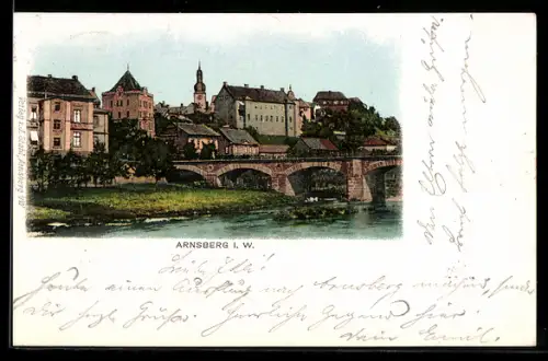 AK Arnsberg i. W., Ortsansicht mit Brücke und Schloss