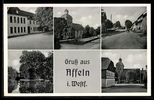 AK Affeln i. Westf., Kirche, Strassenpartie, Teich, verschiedene Ortsansichten