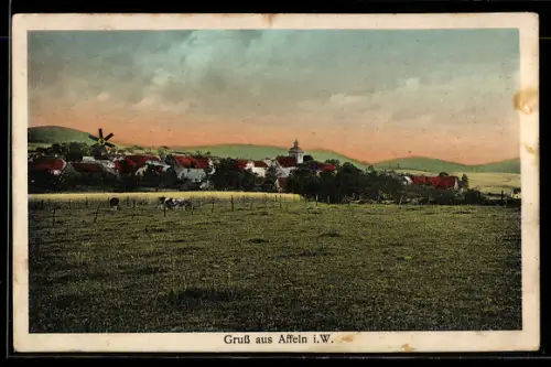 AK Affeln i. W., Ortsansicht mit Windmühle und Kirche