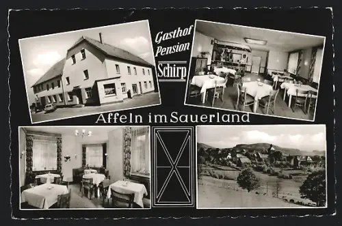 AK Affeln im Sauerland, Gasthof Pension Schirp, Innenansichten, Ortsansicht