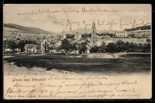 AK Werdohl, Stadtansicht mit Kirche und umliegenden Gebäuden