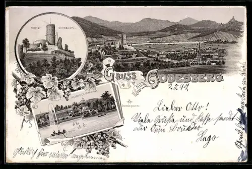 Lithographie Godesberg, Ruine, Neuer Curpark