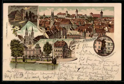 Lithographie Nürnberg, Stadtpark, Lorenzer Kirche, Henkersteg