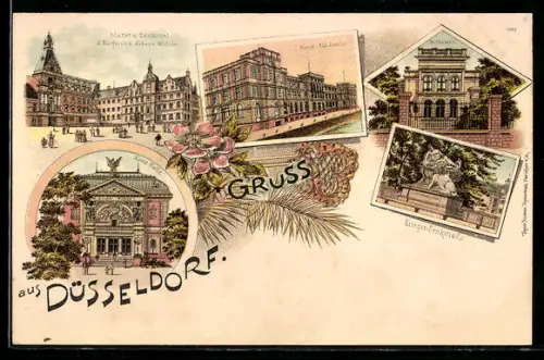 Lithographie Düsseldorf, Kunst-Akademie, Kunst-Halle, Krieger-Denkmal
