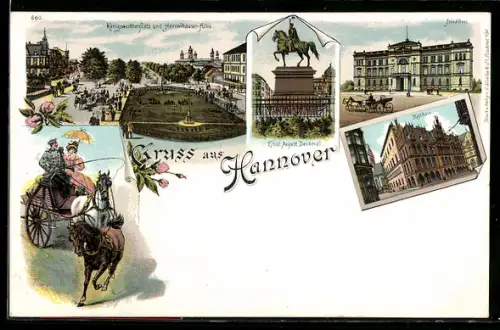 Lithographie Hannover, Ständehaus, Rathaus, Ernst August-Denkmal