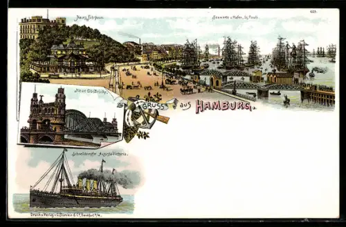 Lithographie Hamburg-St. Pauli, Neues Fährhaus, Neue Elb-Brücke, Seewarte u. Hafen St. Pauli