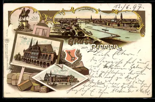 Lithographie Bremen, Teilansicht, Rathaus, Bahnhof, Kaiser-Wilhelm Denkmal