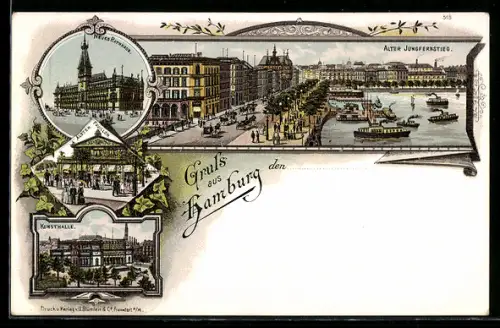 Lithographie Hamburg, Alter Jungfernstieg, Neues Rathaus, Kunsthalle