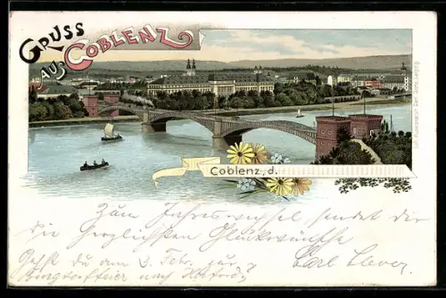 Lithographie Coblenz, Flusspartie mit Brücke